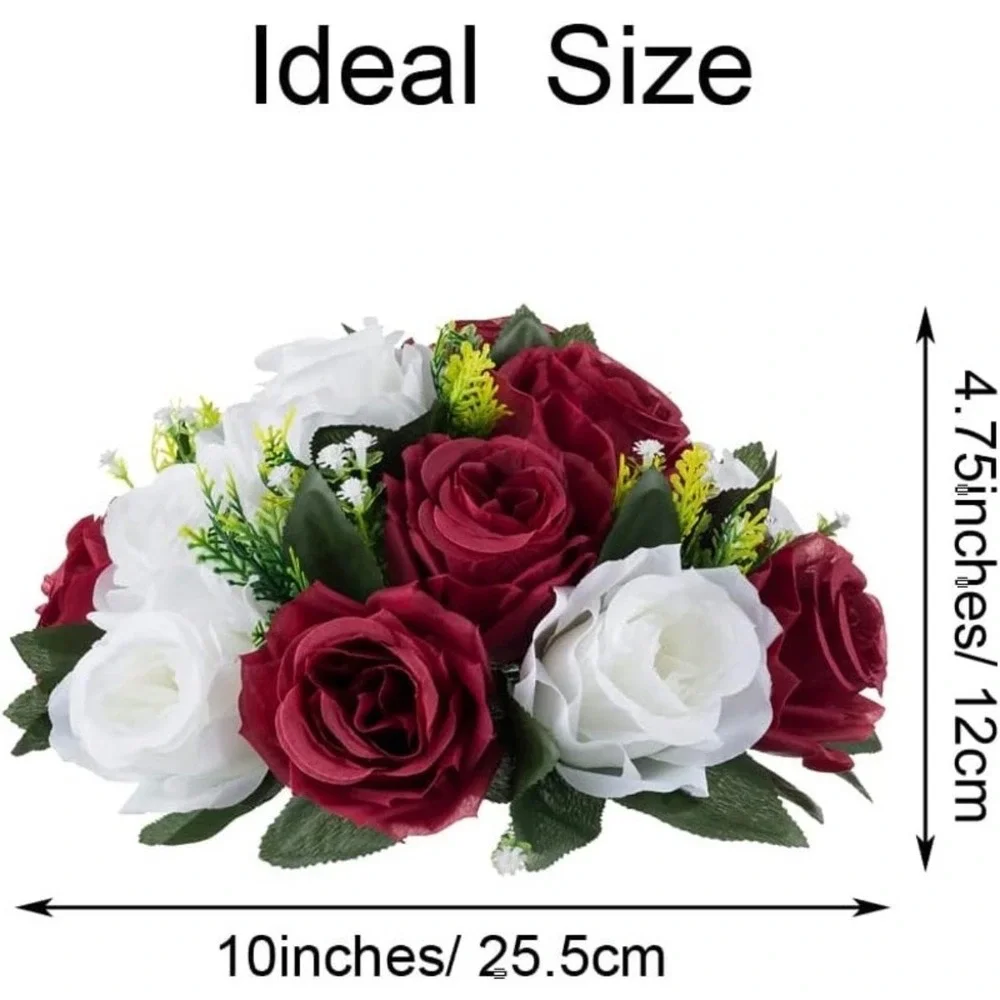 6 Pack Burgundy White Artificial Rose Flower Ball Wedding Centerpiece 10in Silk